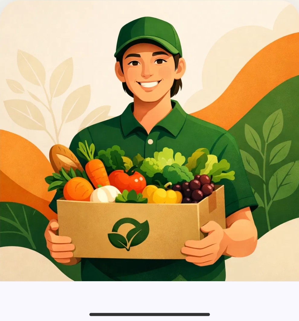Repartidor de Empresq con una caja de frutas y verduras frescas lista para entregar